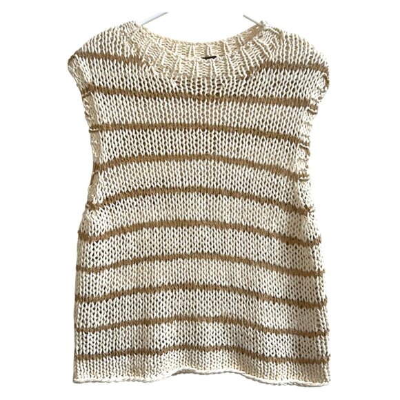 Free People Wave After Wave Ivory Stripe Open Knit Sweater Tank XS Boho Chic - Picture 2 of 8